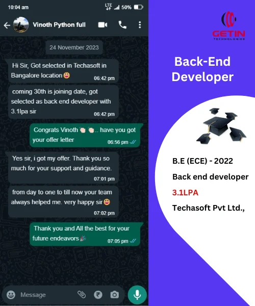Getin Technologies student WhatsApp review